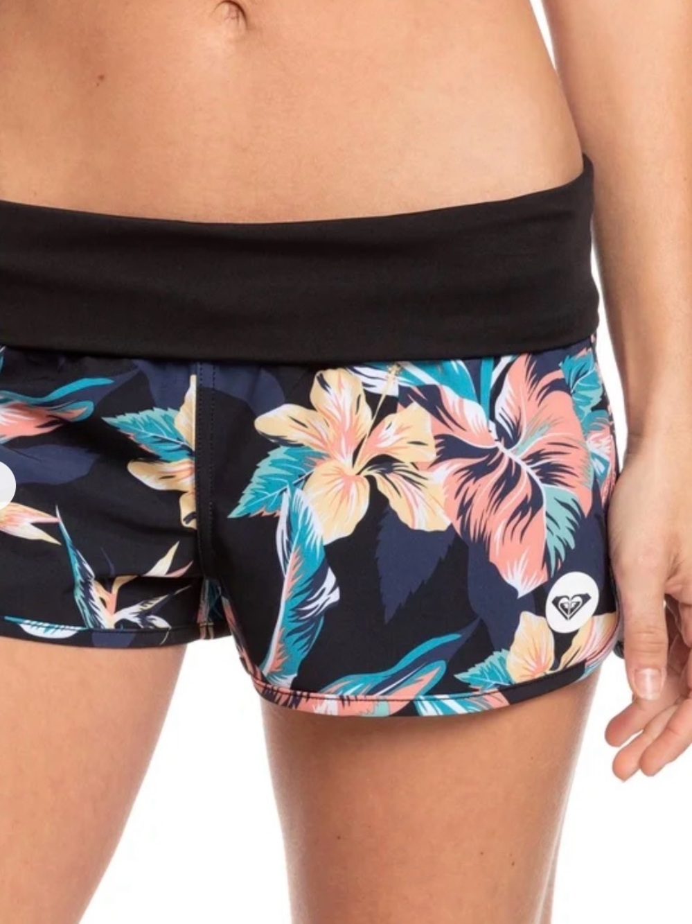 Roxy Black Floral Swim Shorts with Coral and Teal Accents